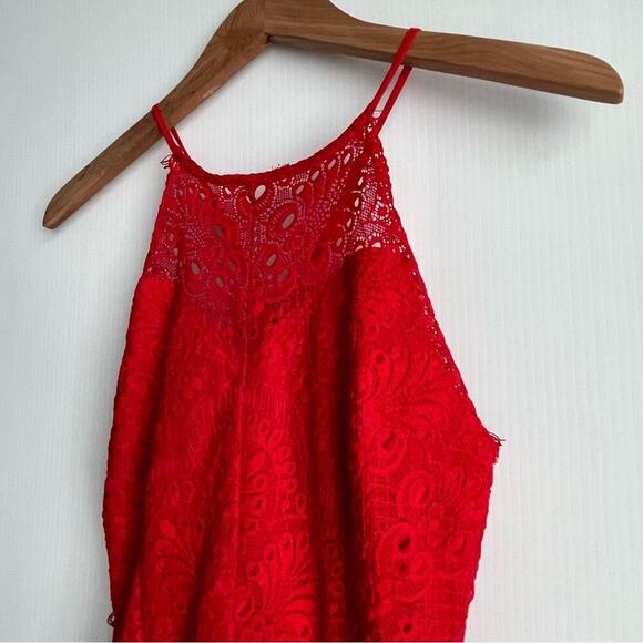 Soieblu red lace dress halter style neckline button detail down back hi-lo hem - Picture 4 of 7